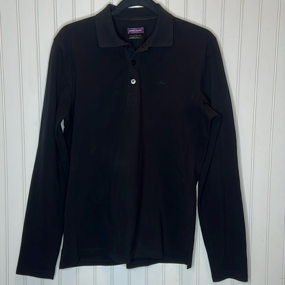 - Longchamp Long Sleeve Black Polo Shirt Size Mens Large**